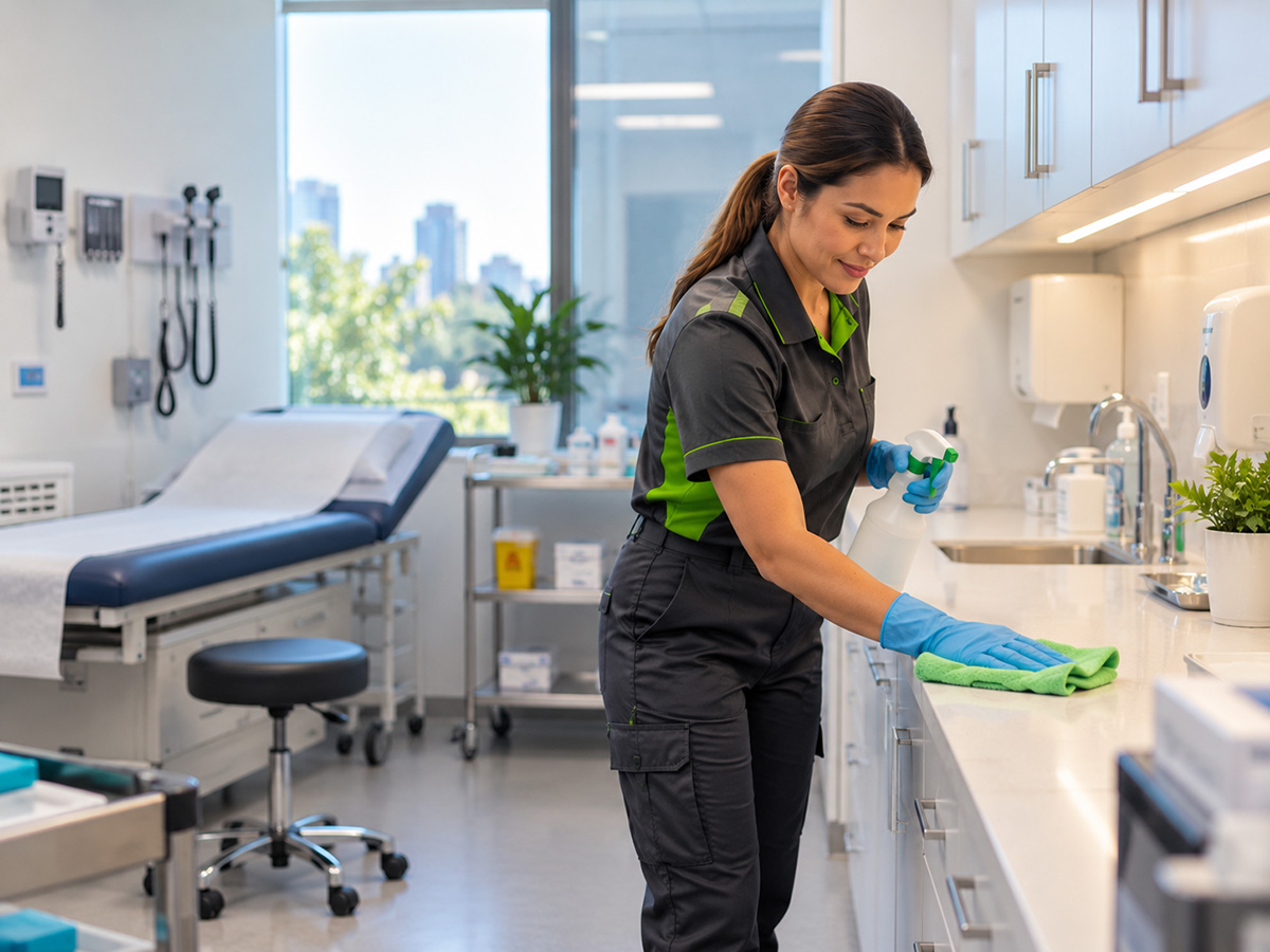 Professional cleaner wiping surfaces in a medical centre